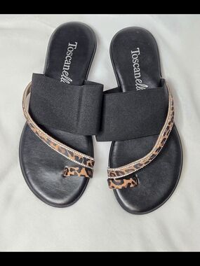 NWOB Toscanella Italy Black Leopard Rhinestone Elastic Slip-On Sandals Size 6.5